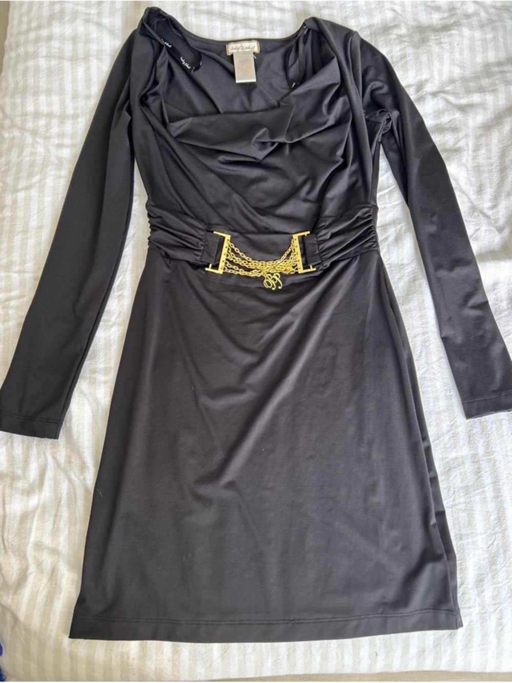 Baby Phat Black Long Sleeve Dress with Gold Chain Waist Accent